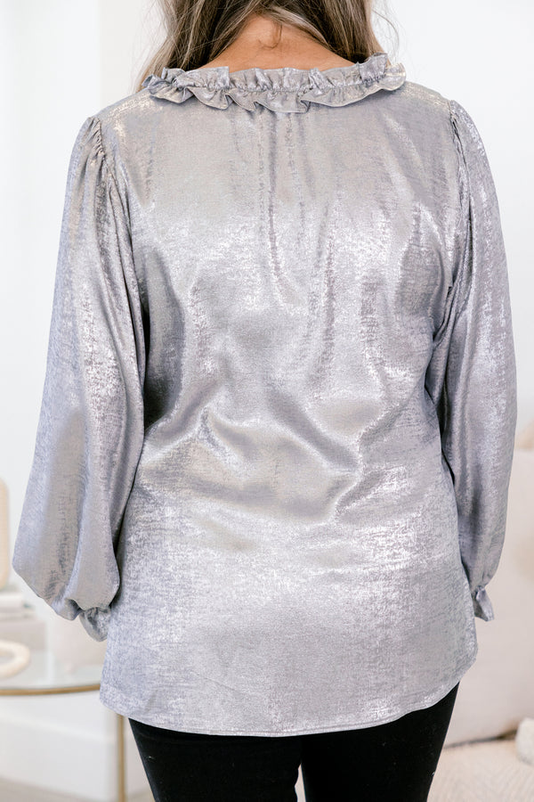 Chic Soul plus size clothing, silver long sleeve top with ruffles on the end of the sleeves and outlining the chest