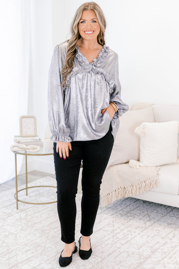Chic Soul plus size clothing, silver long sleeve top with ruffles on the end of the sleeves and outlining the chest