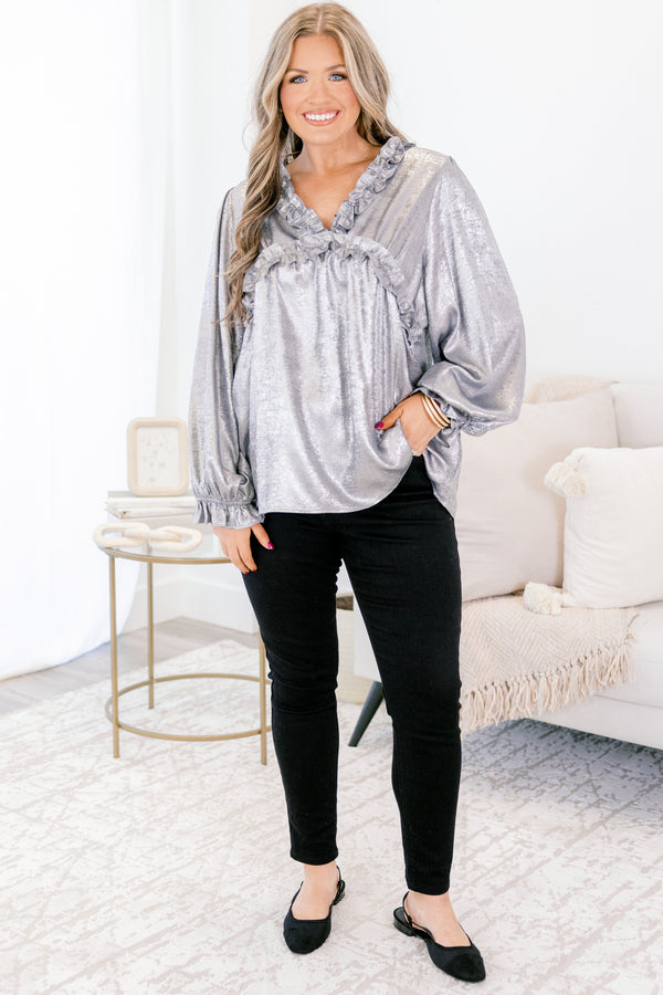 Chic Soul plus size clothing, silver long sleeve top with ruffles on the end of the sleeves and outlining the chest