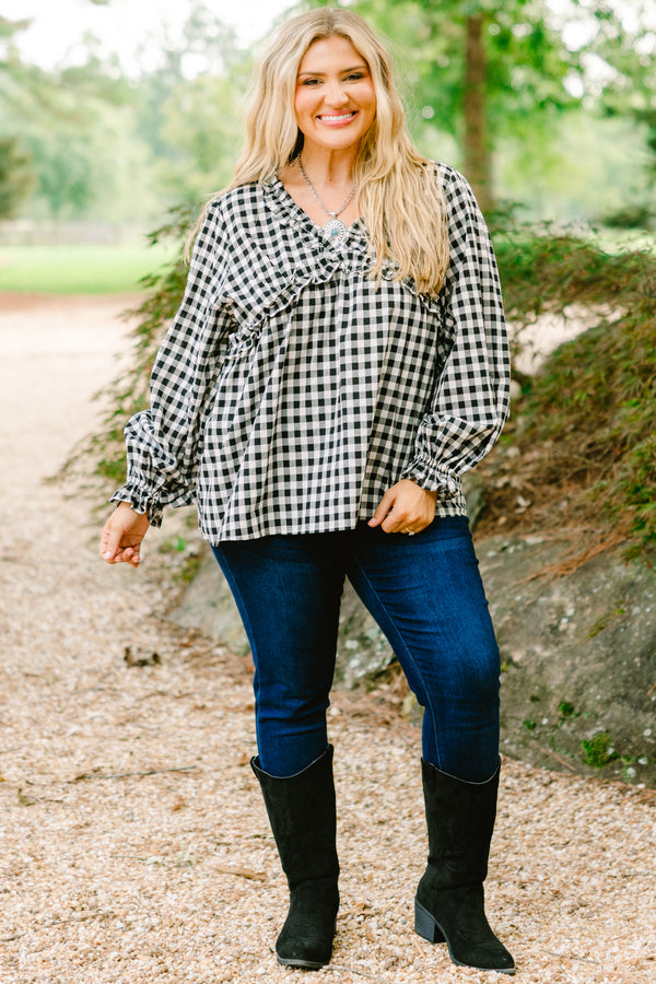 Chic Soul plus size clothing, black gingham long sleeve top with ruffle details at the end of the sleeves and along the chest area and v-neckline 