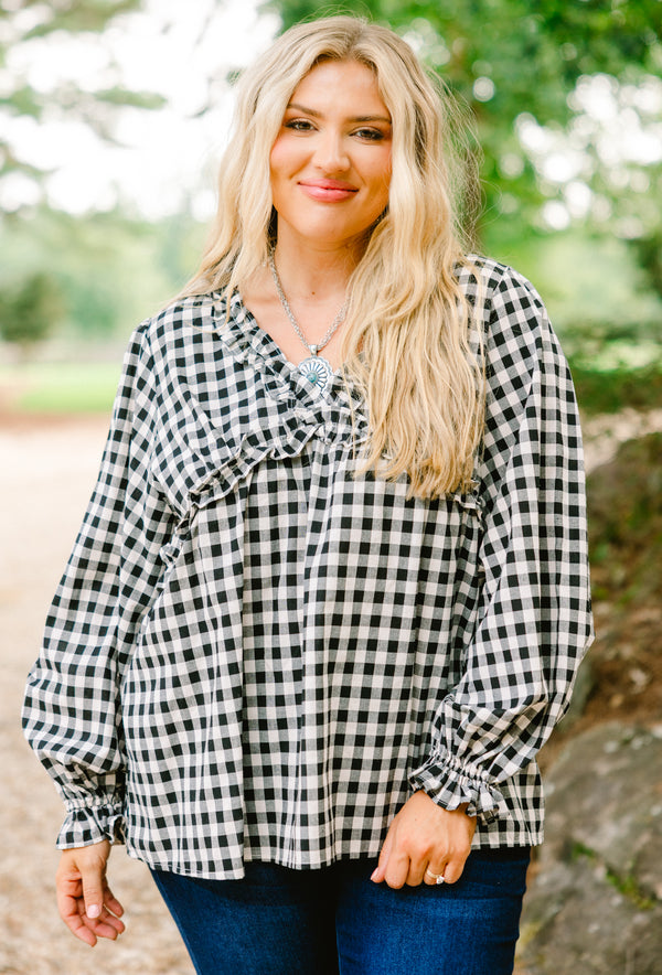 Chic Soul plus size clothing, black gingham long sleeve top with ruffle details at the end of the sleeves and along the chest area and v-neckline 
