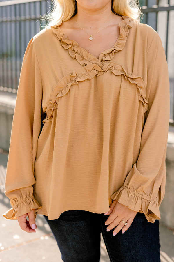 Chic Soul plus size clothing, tan long sleeve flowy top with ruffles at the bottom of the sleeves and around the chest