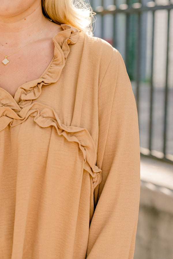 Chic Soul plus size clothing, tan long sleeve flowy top with ruffles at the bottom of the sleeves and around the chest