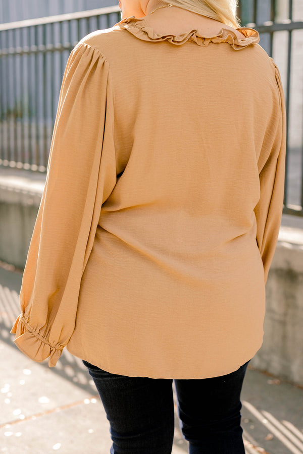 Chic Soul plus size clothing, tan long sleeve flowy top with ruffles at the bottom of the sleeves and around the chest