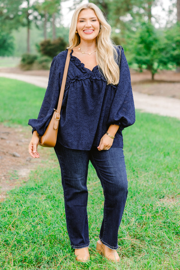 Chic Soul plus size clothing, navy long bubble sleeve top with frill collar and abstract print