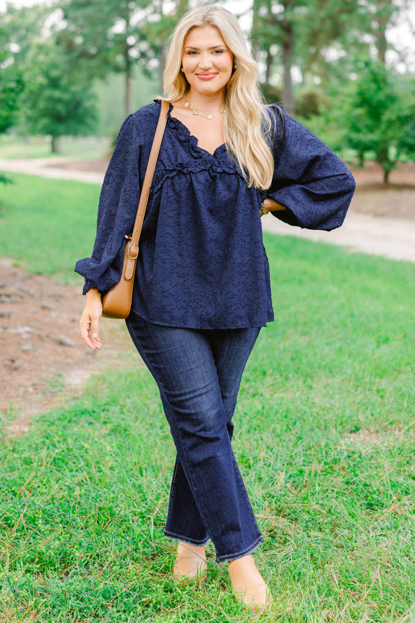 Chic Soul plus size clothing, navy long bubble sleeve top with frill collar and abstract print