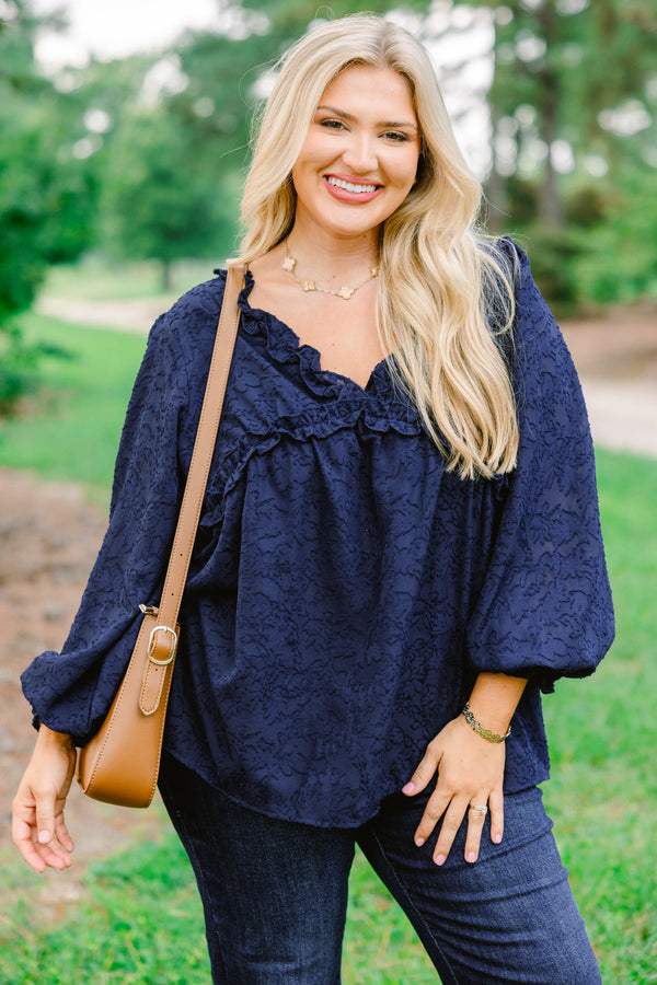 Chic Soul plus size clothing, navy long bubble sleeve top with frill collar and abstract print