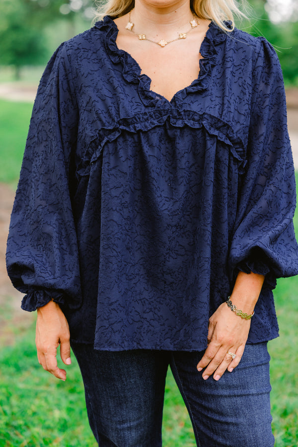 Chic Soul plus size clothing, navy long bubble sleeve top with frill collar and abstract print