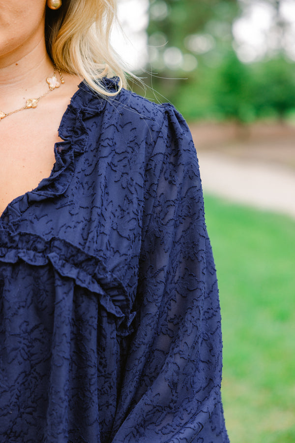 Chic Soul plus size clothing, navy long bubble sleeve top with frill collar and abstract print