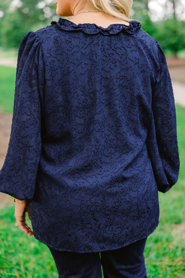 Chic Soul plus size clothing, navy long bubble sleeve top with frill collar and abstract print