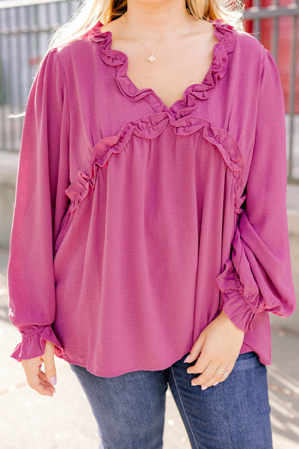 Chic Soul plus size clothing, dark pink long sleeve top with ruffles on the end of the sleeves and outlining the chest