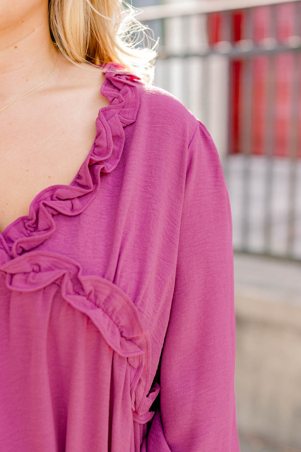 Chic Soul plus size clothing, dark pink long sleeve top with ruffles on the end of the sleeves and outlining the chest