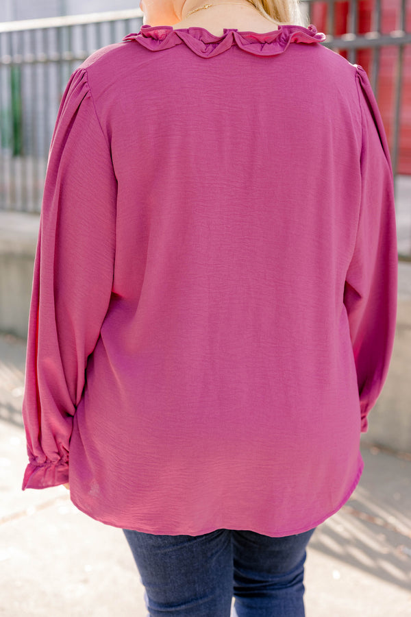Chic Soul plus size clothing, dark pink long sleeve top with ruffles on the end of the sleeves and outlining the chest