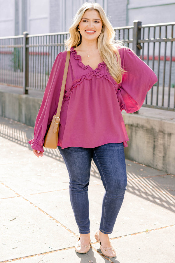 Chic Soul plus size clothing, dark pink long sleeve top with ruffles on the end of the sleeves and outlining the chest