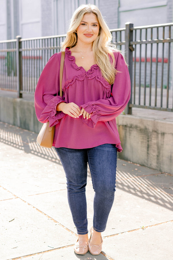Chic Soul plus size clothing, dark pink long sleeve top with ruffles on the end of the sleeves and outlining the chest