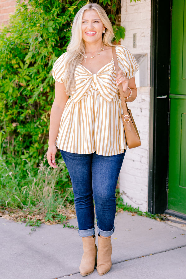 Chic Soul plus size clothing, short sleeve white and mustard stripe babydoll top with bow