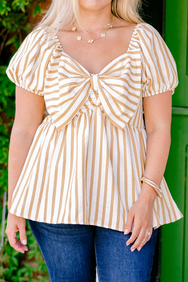 Chic Soul plus size clothing, short sleeve white and mustard stripe babydoll top with bow