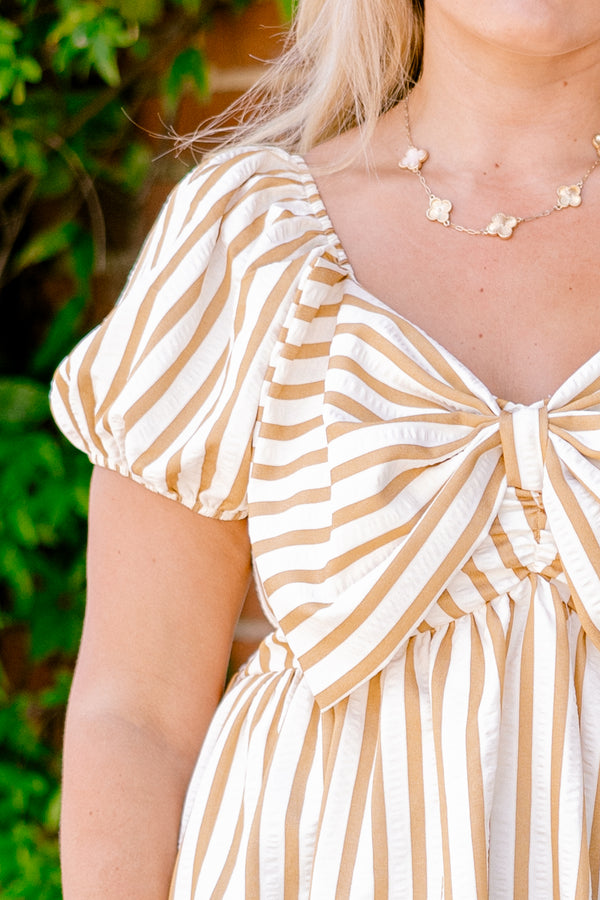 Chic Soul plus size clothing, short sleeve white and mustard stripe babydoll top with bow