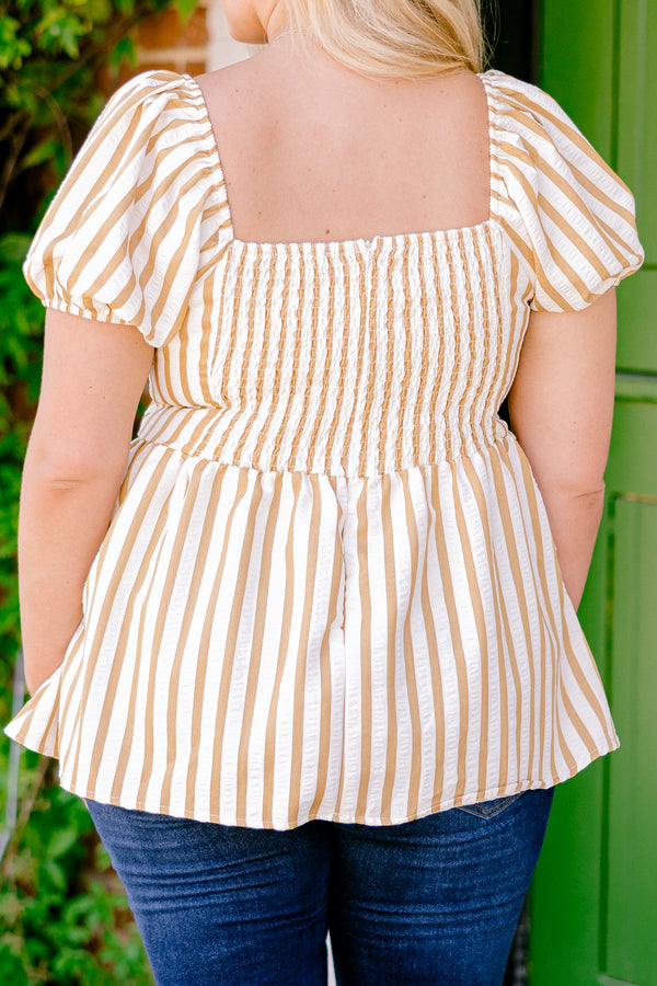 Chic Soul plus size clothing, short sleeve white and mustard stripe babydoll top with bow