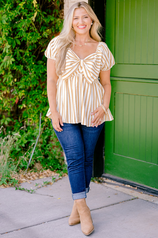 Chic Soul plus size clothing, short sleeve white and mustard stripe babydoll top with bow