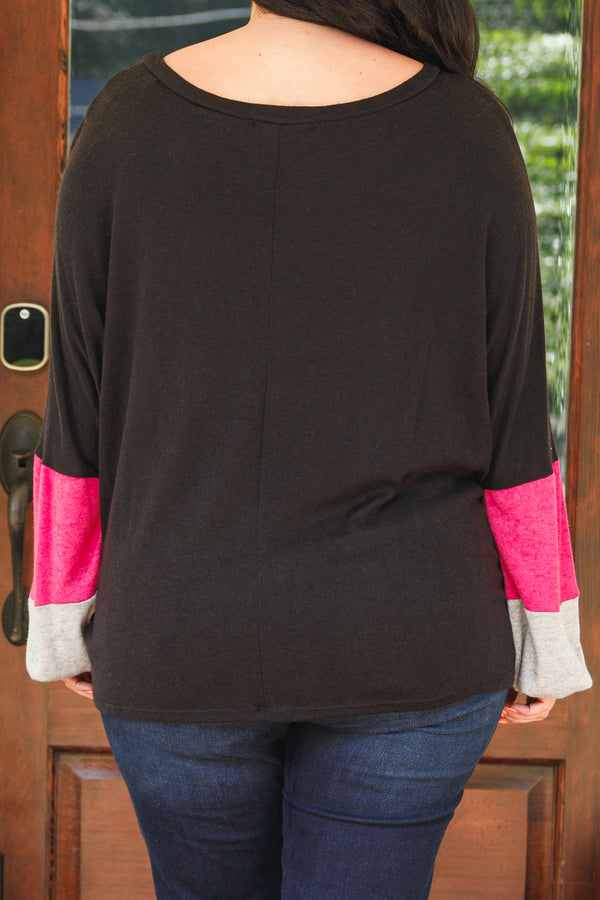 Chic Soul plus size clothing, black pink heather and white striped lightweight sweater top with balloon sleeves