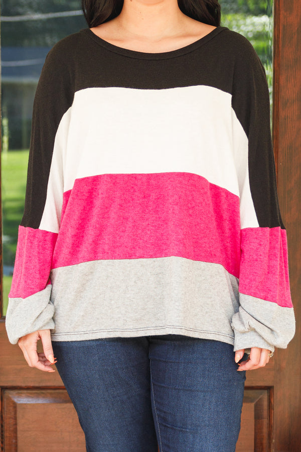Chic Soul plus size clothing, black pink heather and white striped lightweight sweater top with balloon sleeves