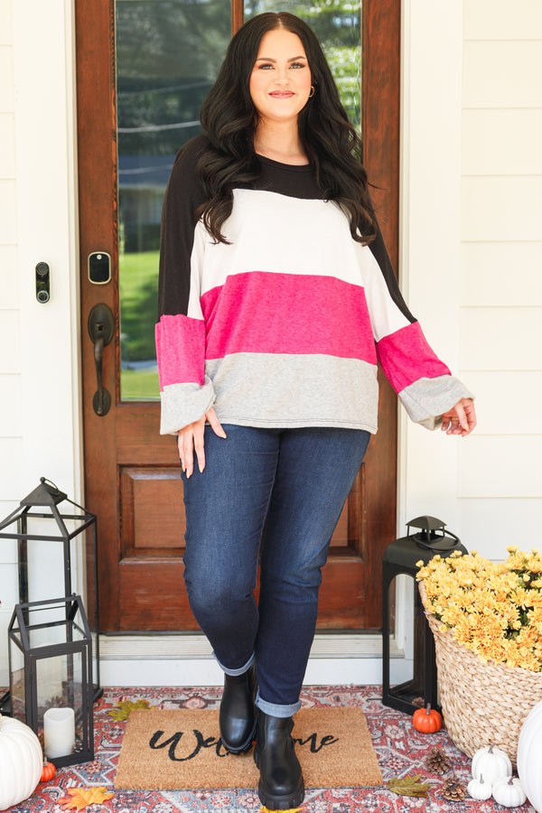 Chic Soul plus size clothing, black pink heather and white striped lightweight sweater top with balloon sleeves