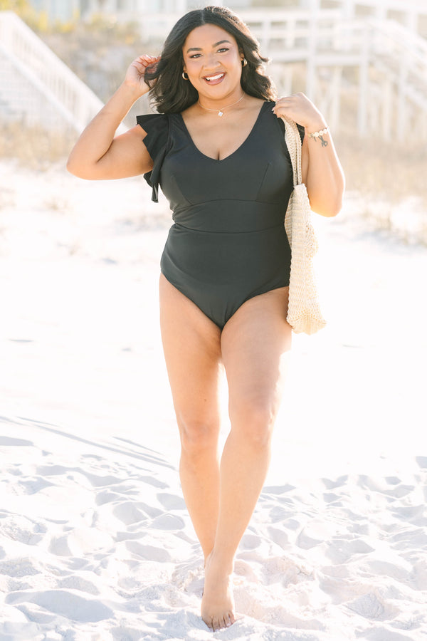 Chic Soul plus size clothing, black one piece swimsuit with a v-neckline and flutter sleeves 