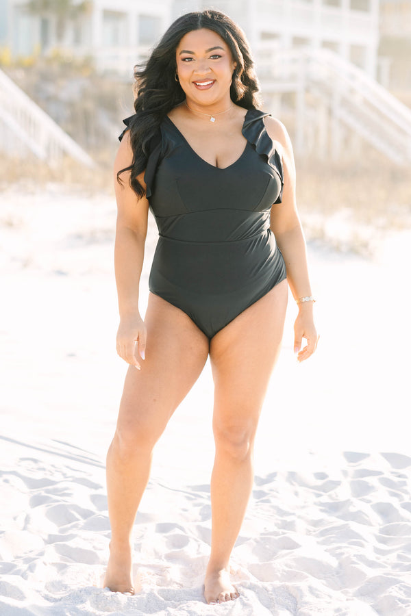 Chic Soul plus size clothing, black one piece swimsuit with a v-neckline and flutter sleeves 