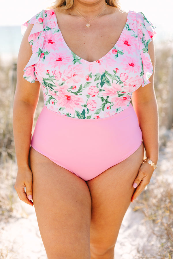 Plus size one piece swimsuit with floral and pink color block and flutter sleeves