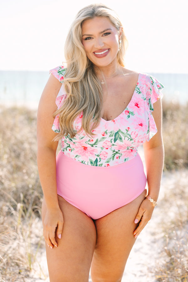 Plus size one piece swimsuit with floral and pink color block and flutter sleeves