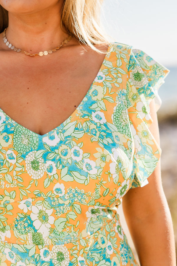 Chic Soul plus size clothing, golden yellow low back one piece swimsuit with light blue and white floral pattern and ruffle sleeves