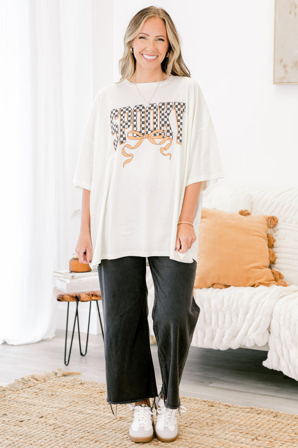 Chic Soul plus size clothing, ivory short sleeve boyfriend tee with text 