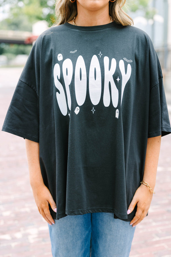 Plus size oversized black Spooky But Cute boyfriend tee with white retro lettering.