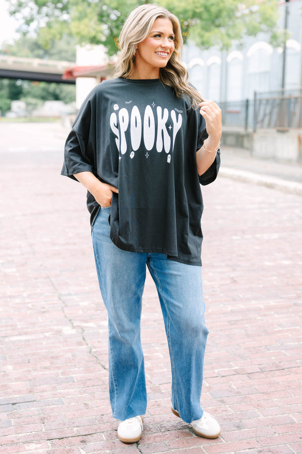 Plus size oversized black Spooky But Cute boyfriend tee with white retro lettering.