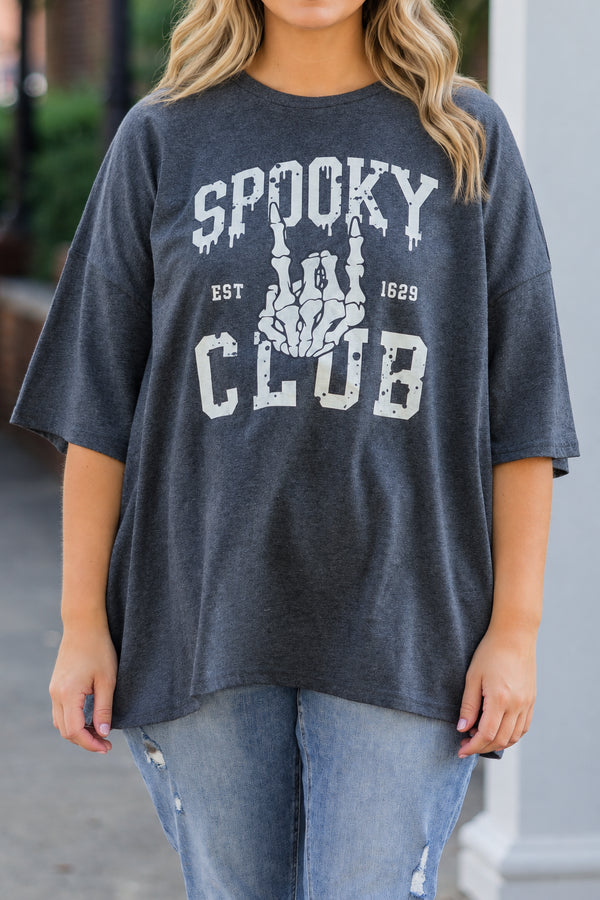 Chic Soul plus size clothing, charcoal gray short sleeve boyfriend tee with 