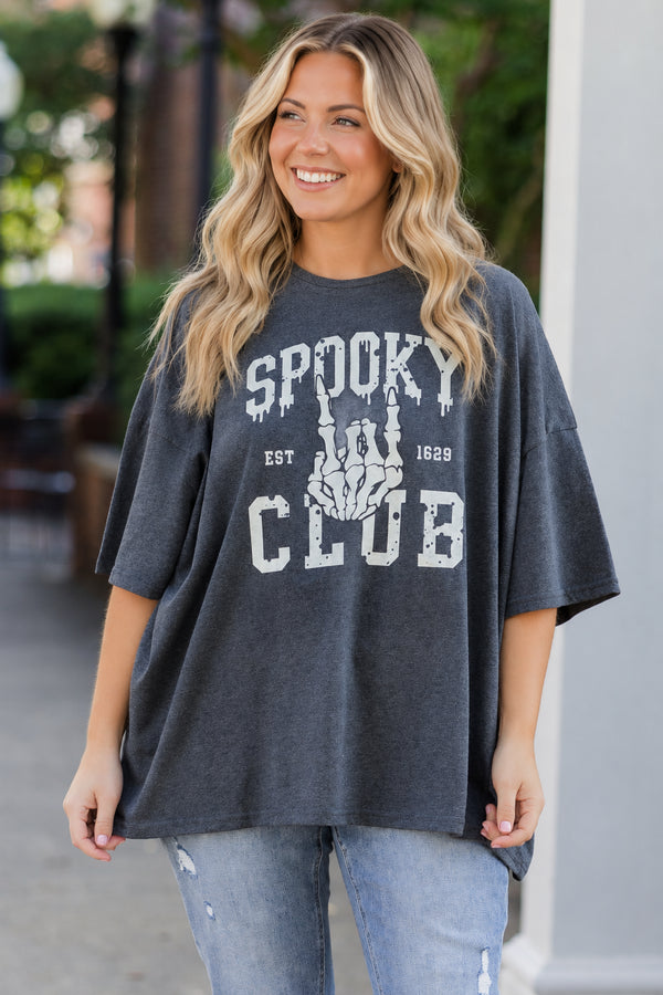 Chic Soul plus size clothing, charcoal gray short sleeve boyfriend tee with 