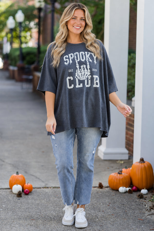 Chic Soul plus size clothing, charcoal gray short sleeve boyfriend tee with 