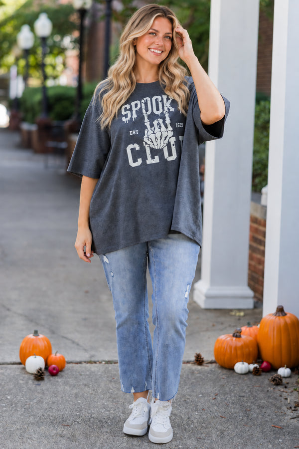 Chic Soul plus size clothing, charcoal gray short sleeve boyfriend tee with 