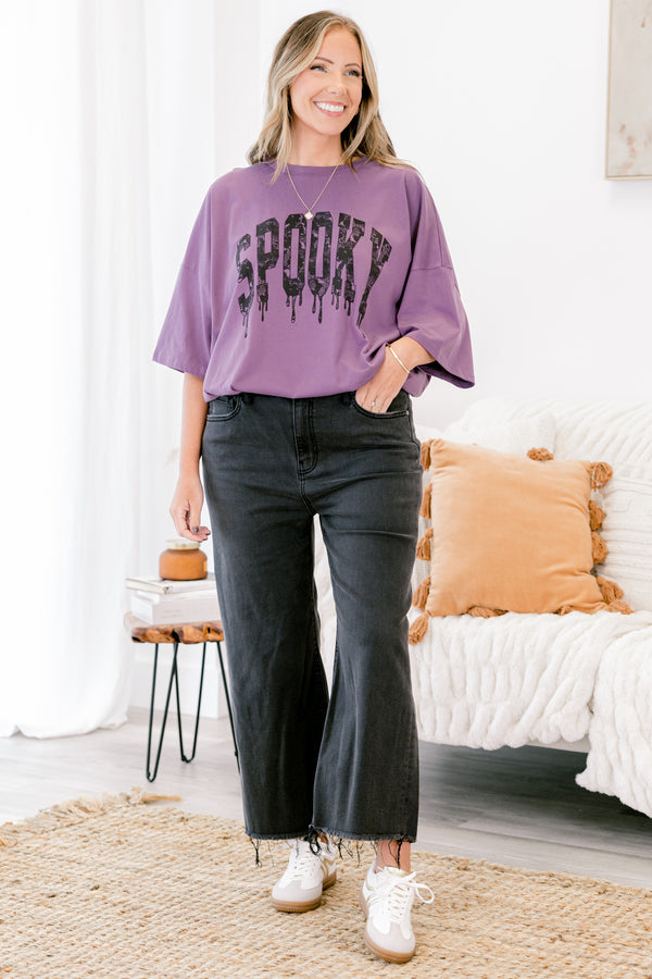 Chic Soul plus size clothing, lilac gray short sleeve boyfriend shirt with text 