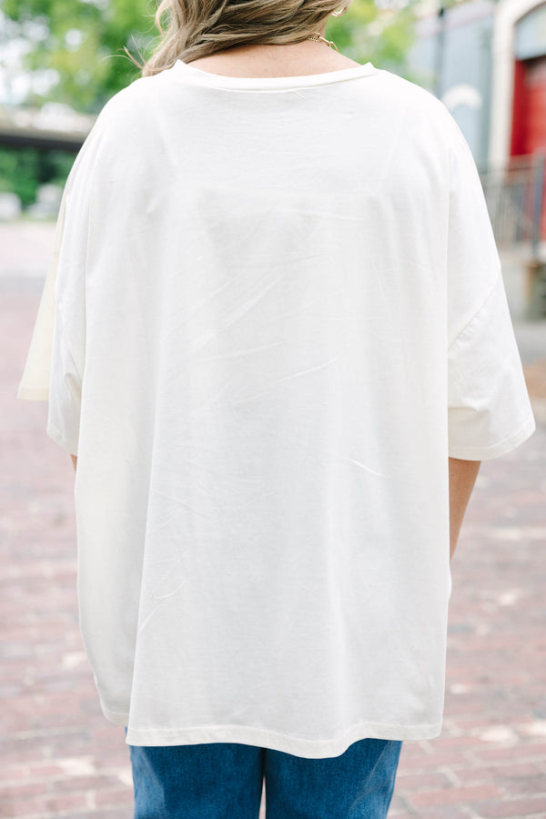 Plus size ivory boyfriend tee with a spooky goose graphic, oversized fit, and soft cotton fabric.