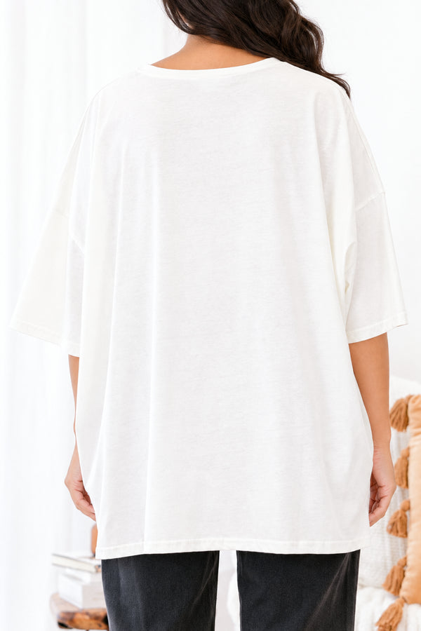 Chic Soul Plus size clothing, ivory short sleeve graphic tee with four squares in the center of the shirt that have pumpkin and ghost graphic 