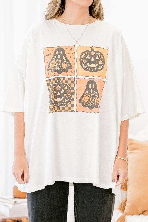 Chic Soul Plus size clothing, ivory short sleeve graphic tee with four squares in the center of the shirt that have pumpkin and ghost graphic 