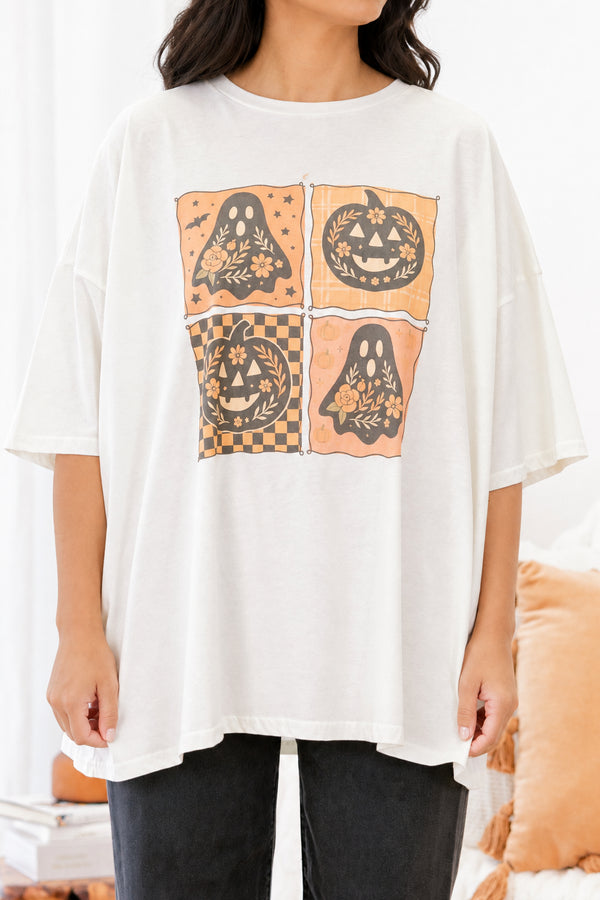 Chic Soul Plus size clothing, ivory short sleeve graphic tee with four squares in the center of the shirt that have pumpkin and ghost graphic 