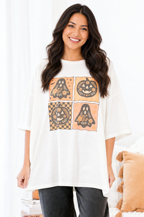Chic Soul Plus size clothing, ivory short sleeve graphic tee with four squares in the center of the shirt that have pumpkin and ghost graphic 