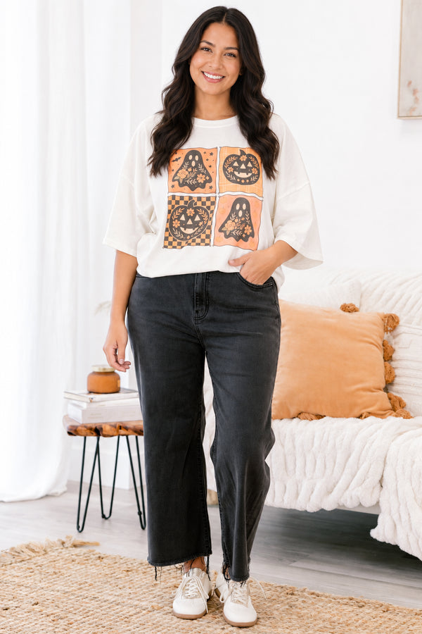 Chic Soul Plus size clothing, ivory short sleeve graphic tee with four squares in the center of the shirt that have pumpkin and ghost graphic 