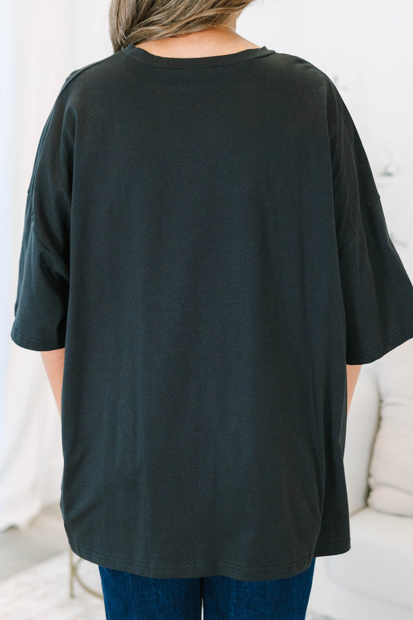 Plus size black boyfriend tee with a rose gold 'Spooky Season' pumpkin graphic and flowy fit.