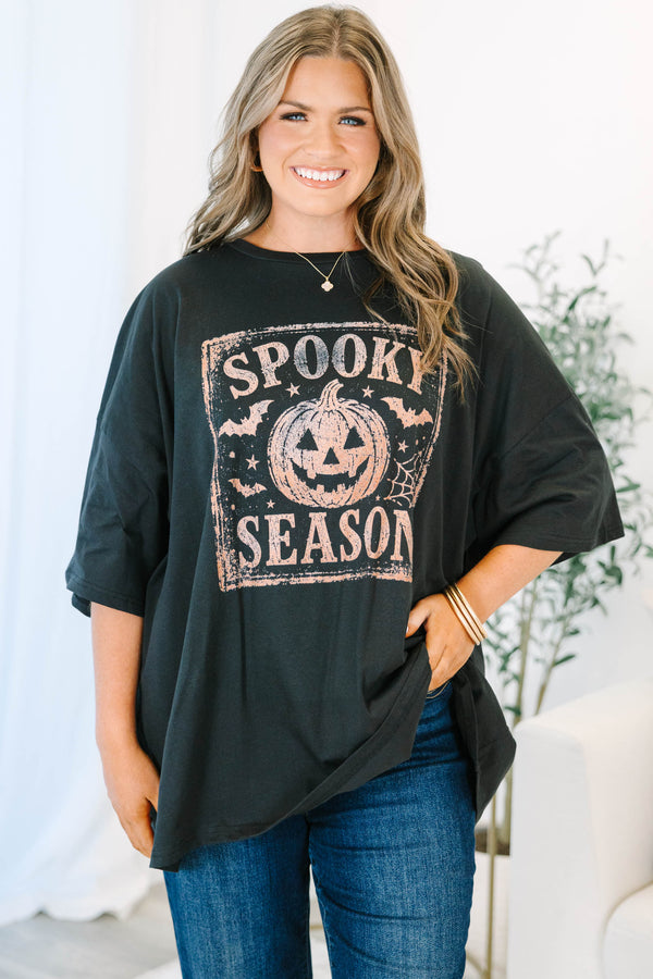 Plus size black boyfriend tee with a rose gold 'Spooky Season' pumpkin graphic and flowy fit.