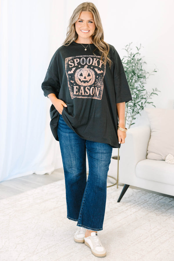 Plus size black boyfriend tee with a rose gold 'Spooky Season' pumpkin graphic and flowy fit.