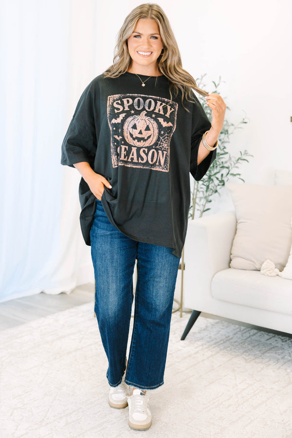 Plus size black boyfriend tee with a rose gold 'Spooky Season' pumpkin graphic and flowy fit.